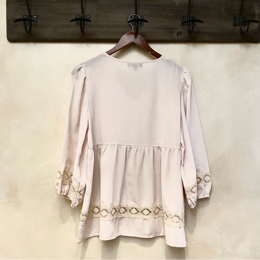 🪶3/$35 Ivory Lace Embroidered Babydoll 3/4 Sleeve SUZANNE BETRO Linen Blouse-S - Picture 3 of 16